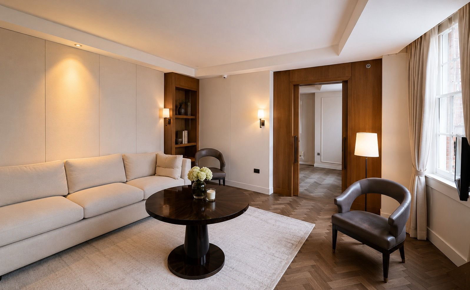 Upholstered seating within a completed luxury suite